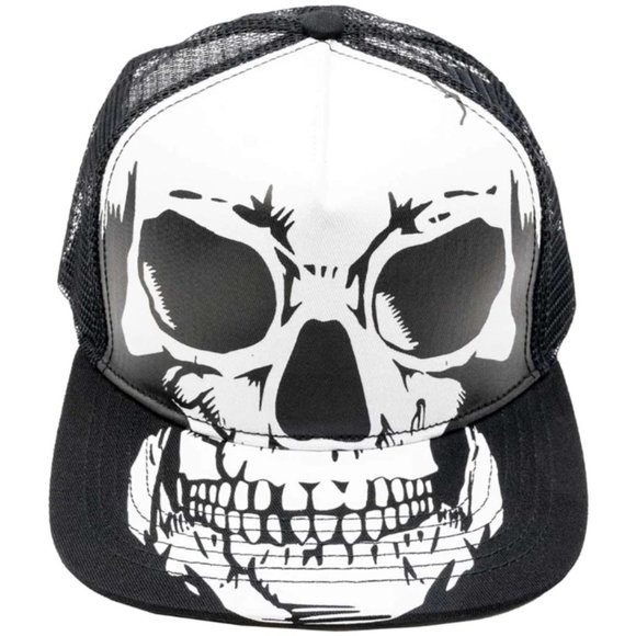 Big White Skull Black Trucker Hat Baseball Hat Snapback Cap NWT - Picture 1 of 3
